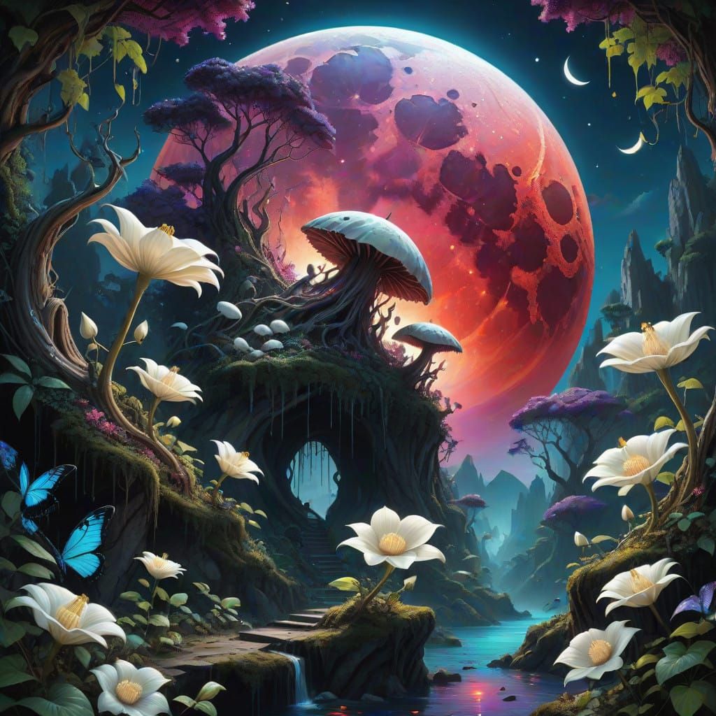 Surreal Moonlit Forest in Hyperrealistic Art Style