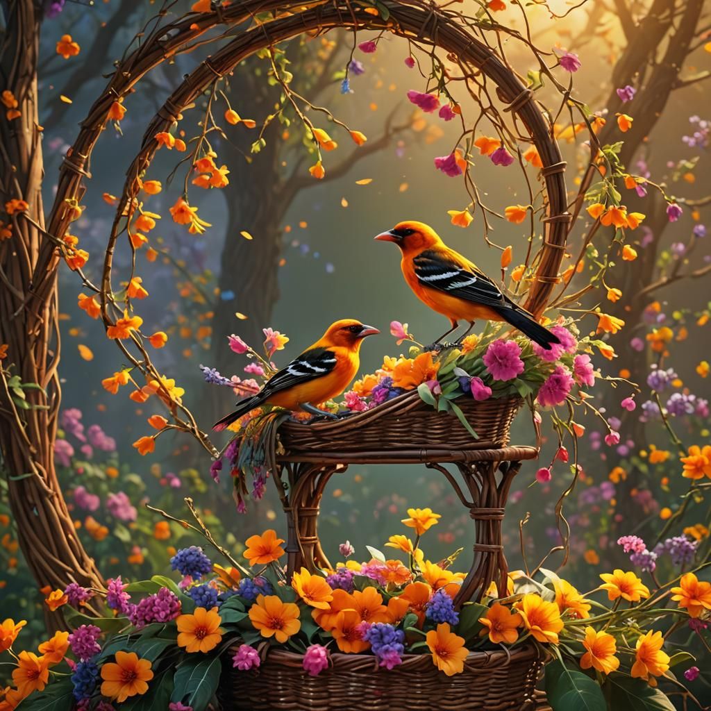 Altamira Oriole Bird on Basket: Surreal Digital Art