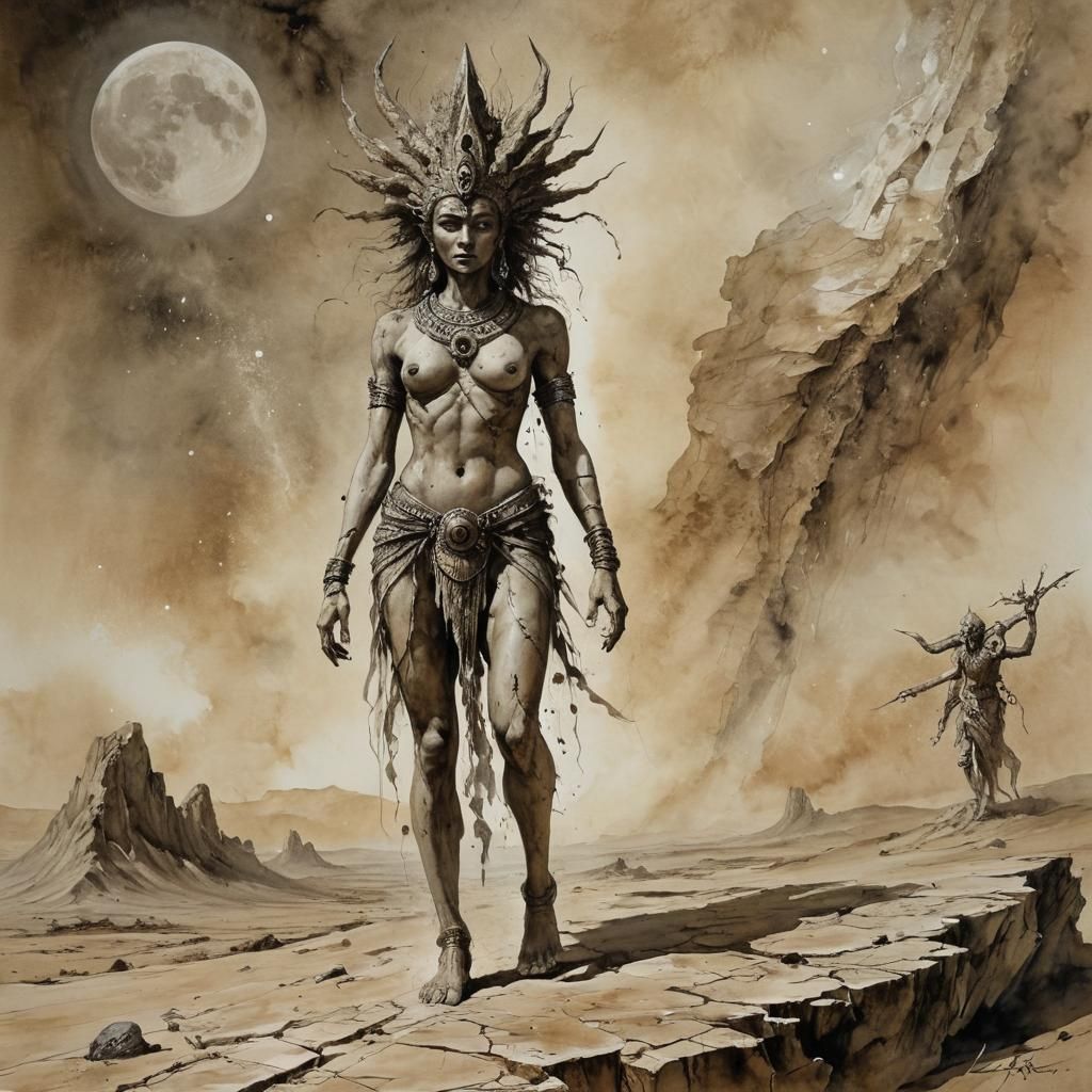 Anunnaki Deity on Moonscape in Surrealist Style