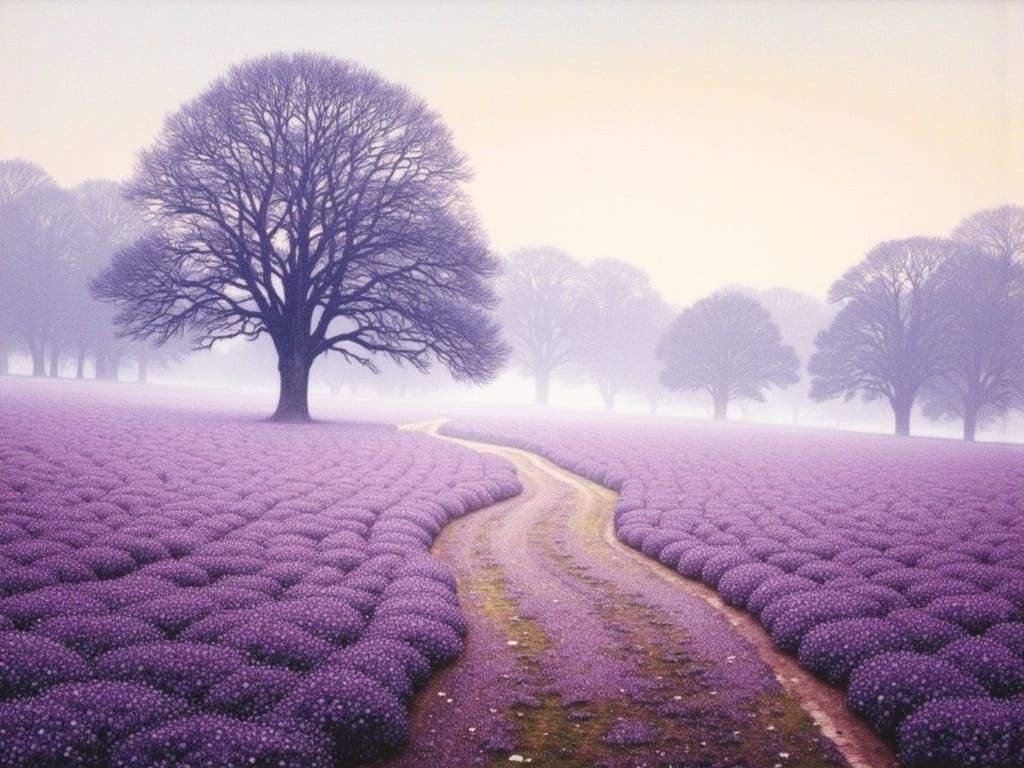 Blooming Heather in Morning Mist Watercolor