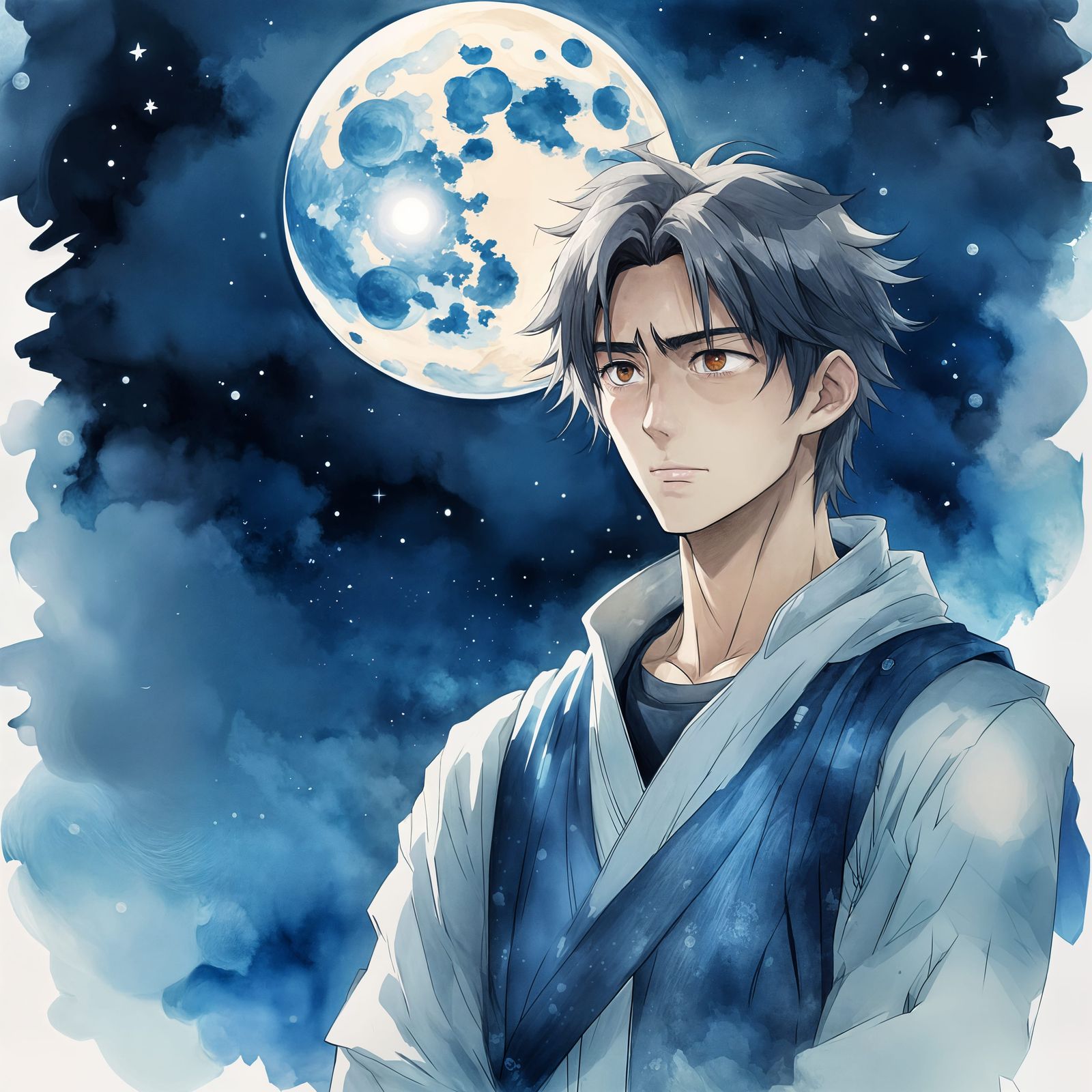 Surreal Young Man Considers Full Moon in Anime Style