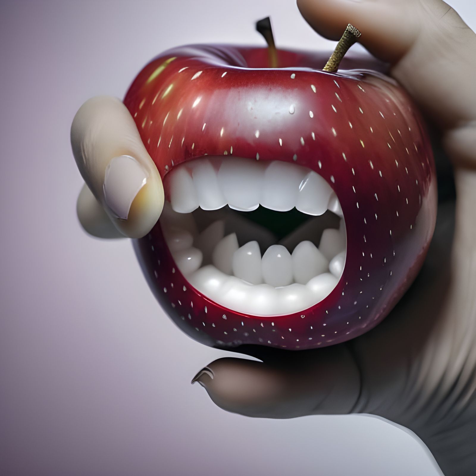 Menacing Apple with Teeth, Ultrarealistic Horror