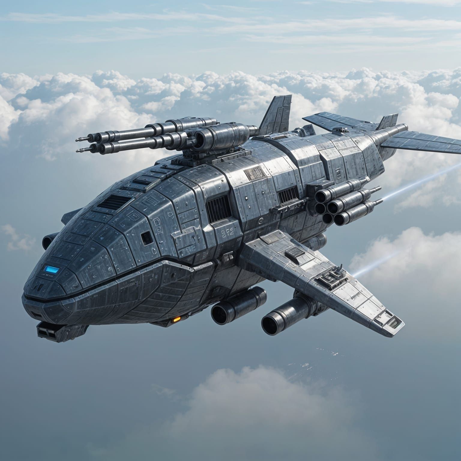 Armored Mechanical Whale Soaring Through Cloudy Sky