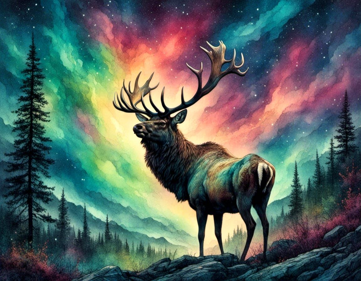 elk and aurora lights
