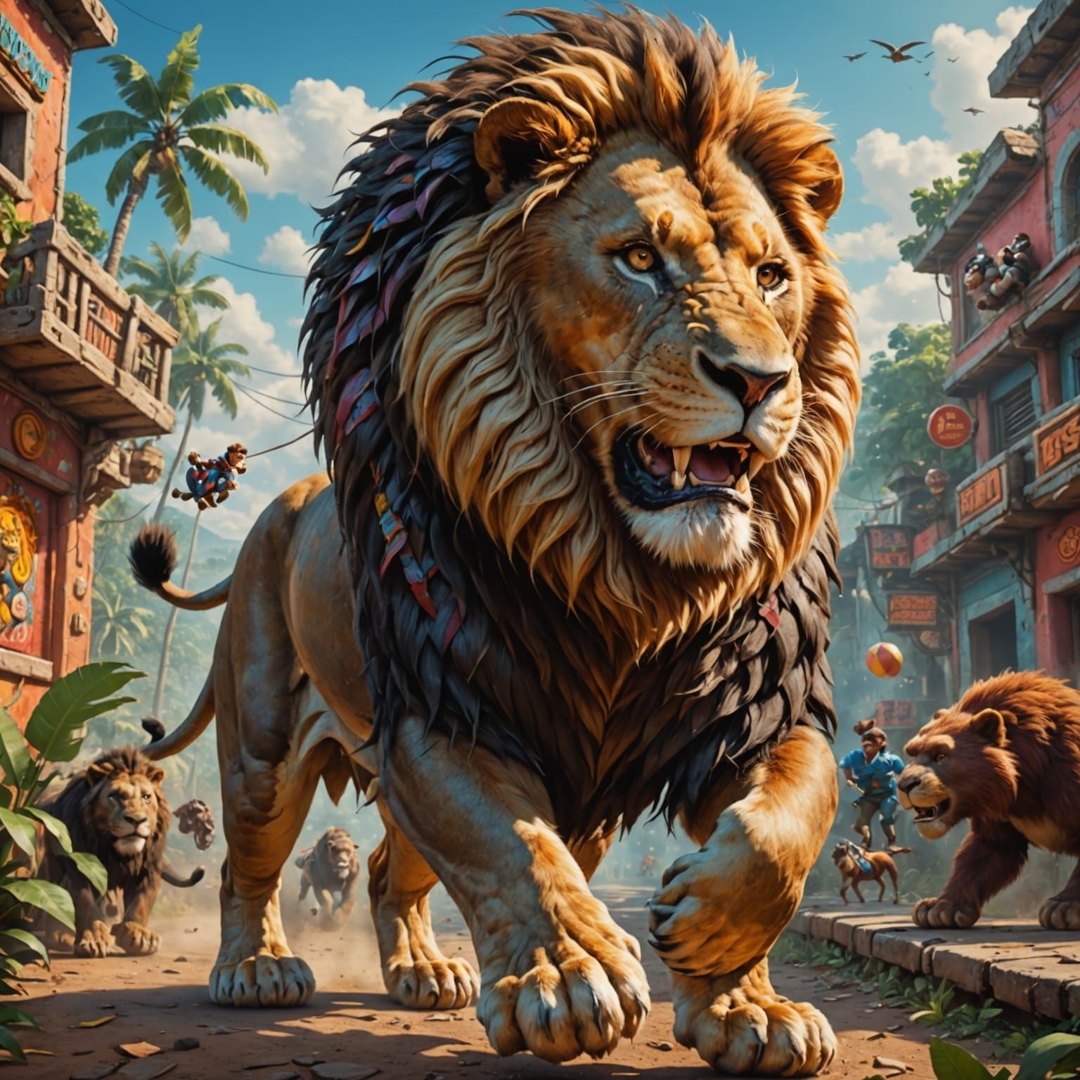 Realistic Lion Transports Donkey Kong in Vibrant Artwork
