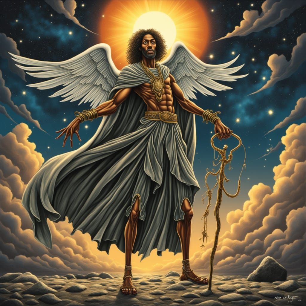 Celestial Hermes, Cosmic Traveler in Starry Himation