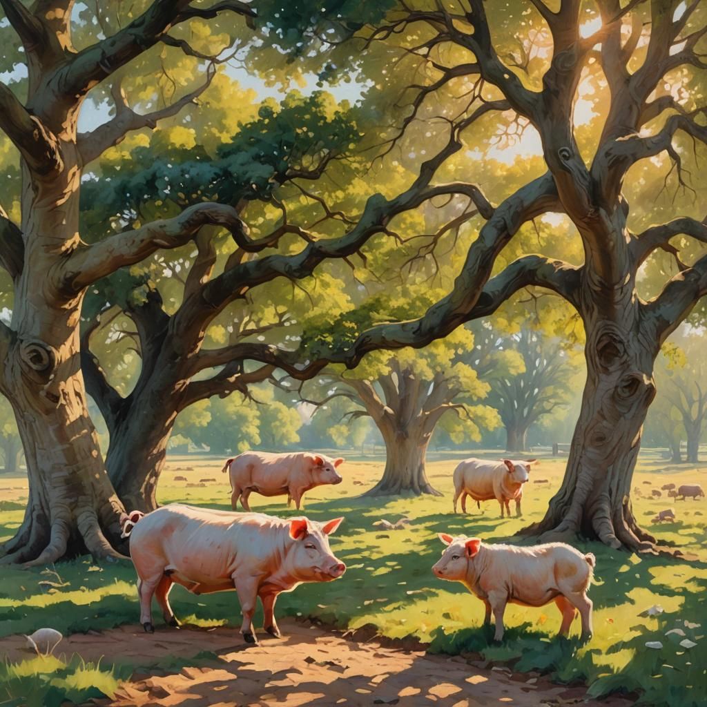 Pig and Sheep Together in Impressionist Landscape