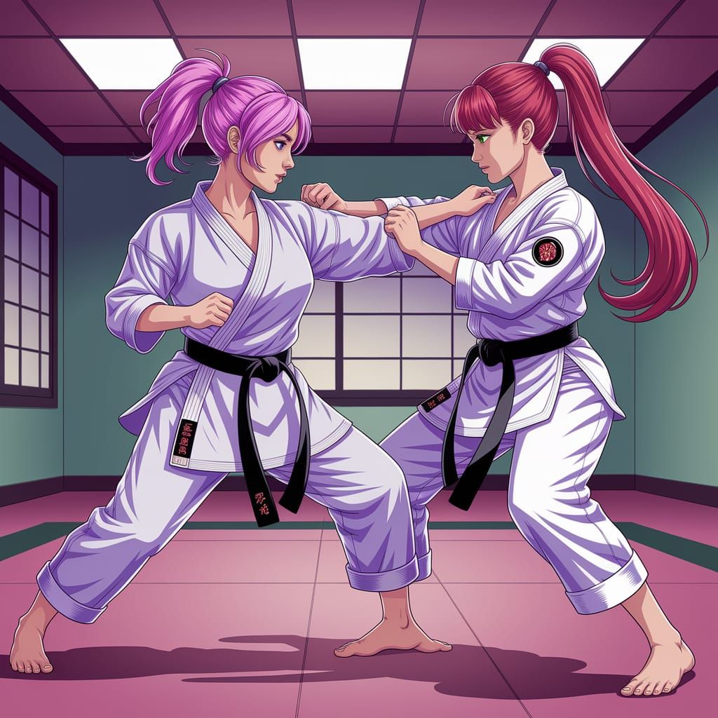 Two Women Sparring in a Dojo, Anime Style