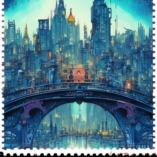 City Skyline Postage Stamp in Watercolor Style