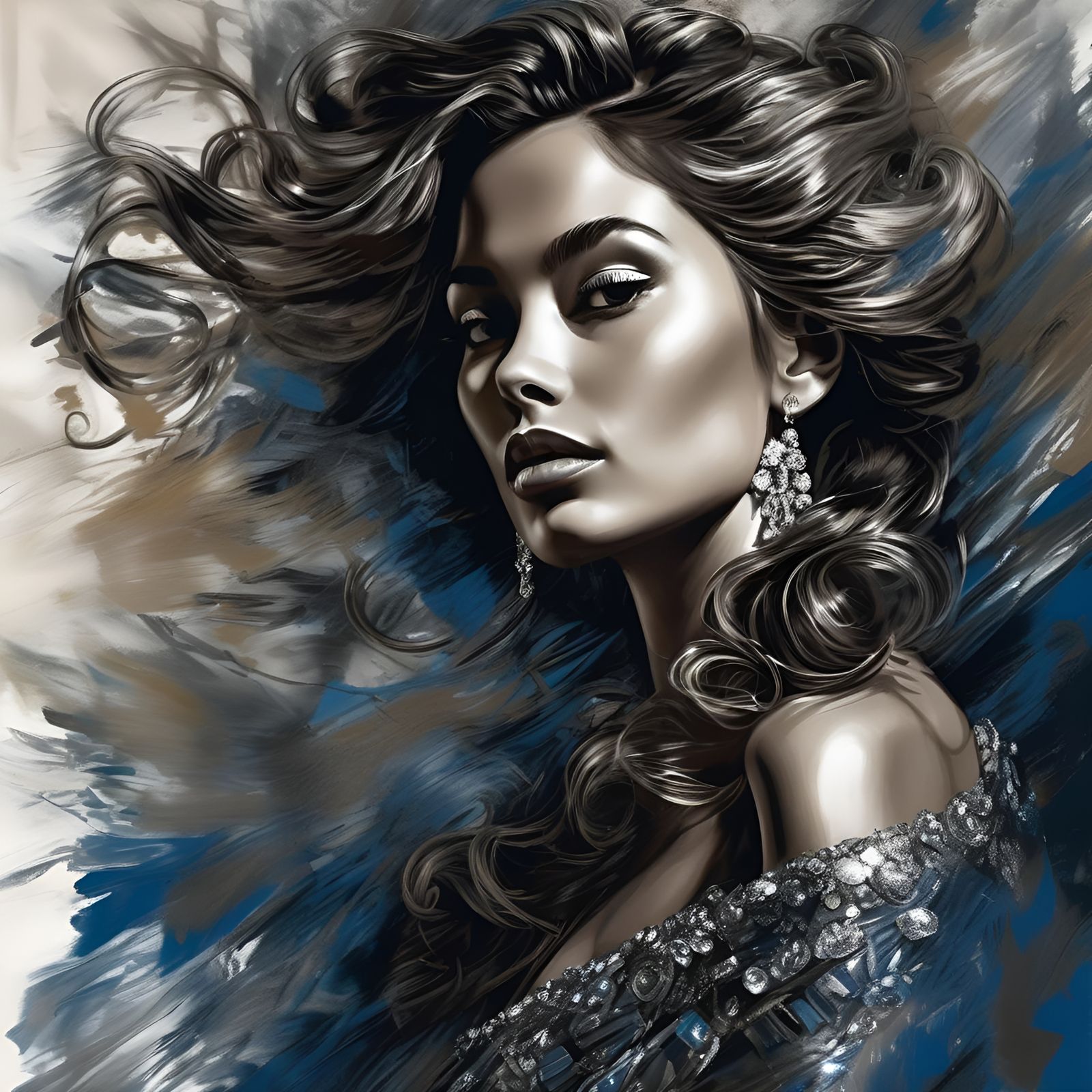 Monochromatic Foil Portrait with Swirling Symphony