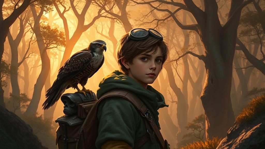 Adventurer with Falcon in Mystical Forest