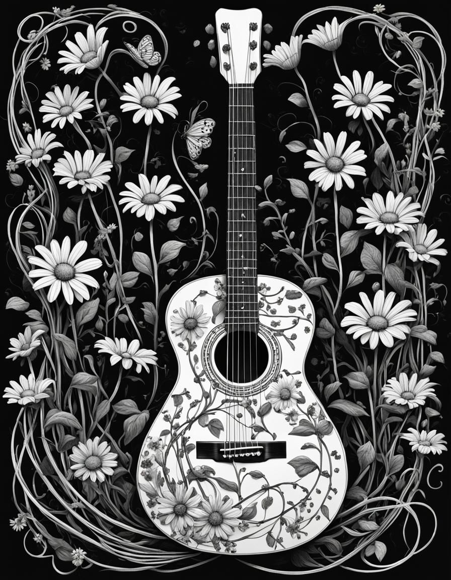 Guitar with Daisy Vines: Black and White Photograph