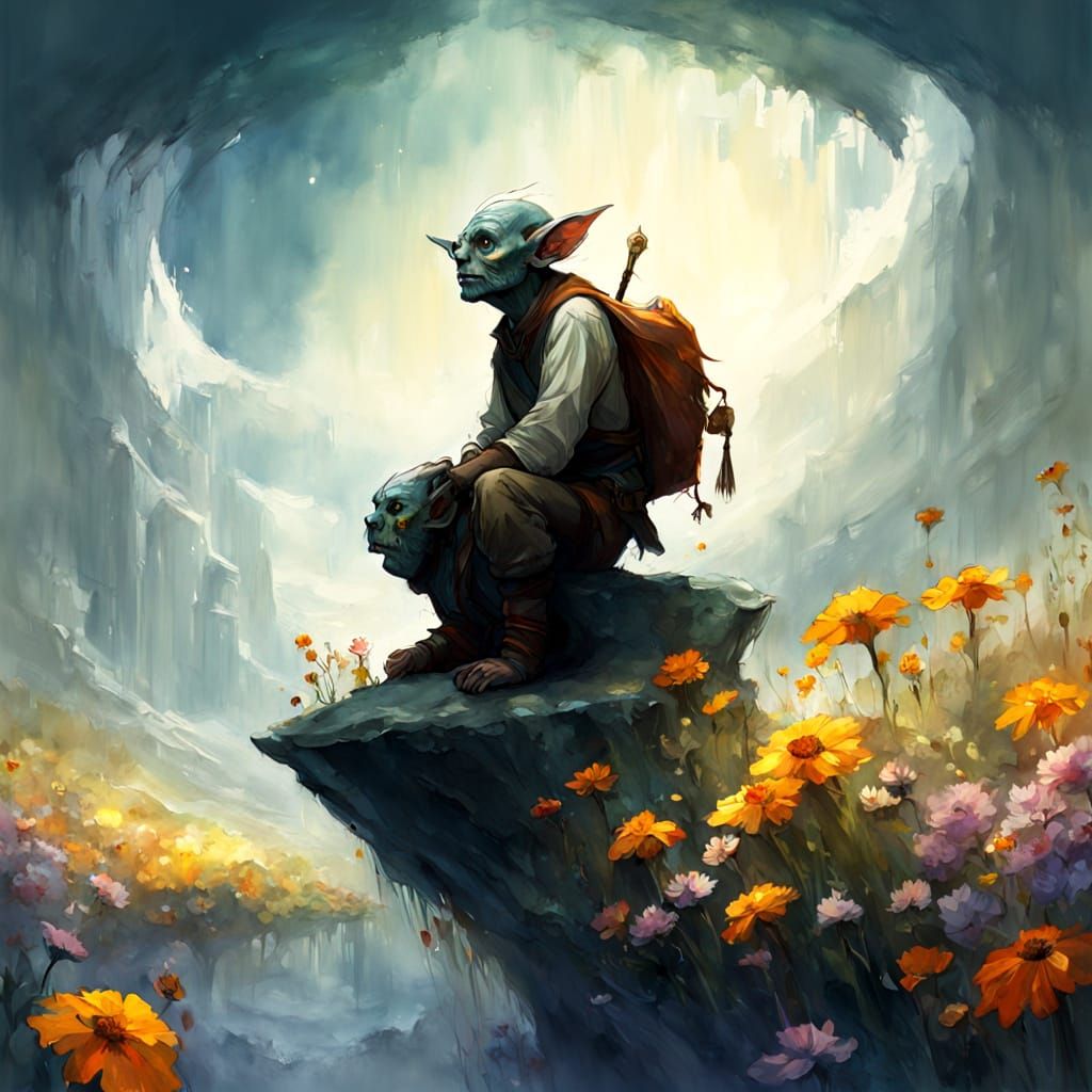 Cute Goblin on Silver Cloud, Fairy Tale Illustration