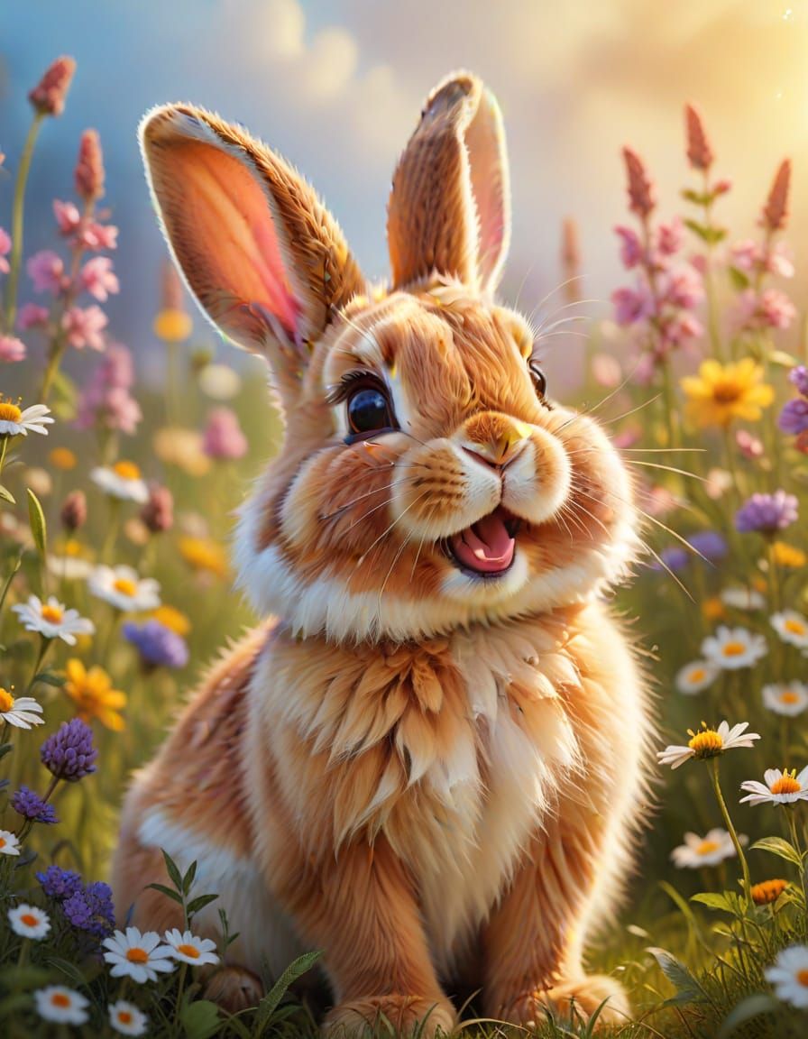 Joyful Bunny Laughing in Wildflower Meadow