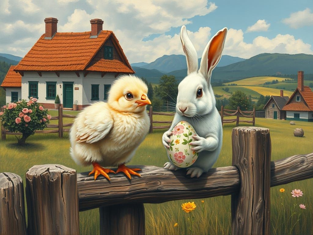 Charming Chick and Bunny in Picturesque Landscape