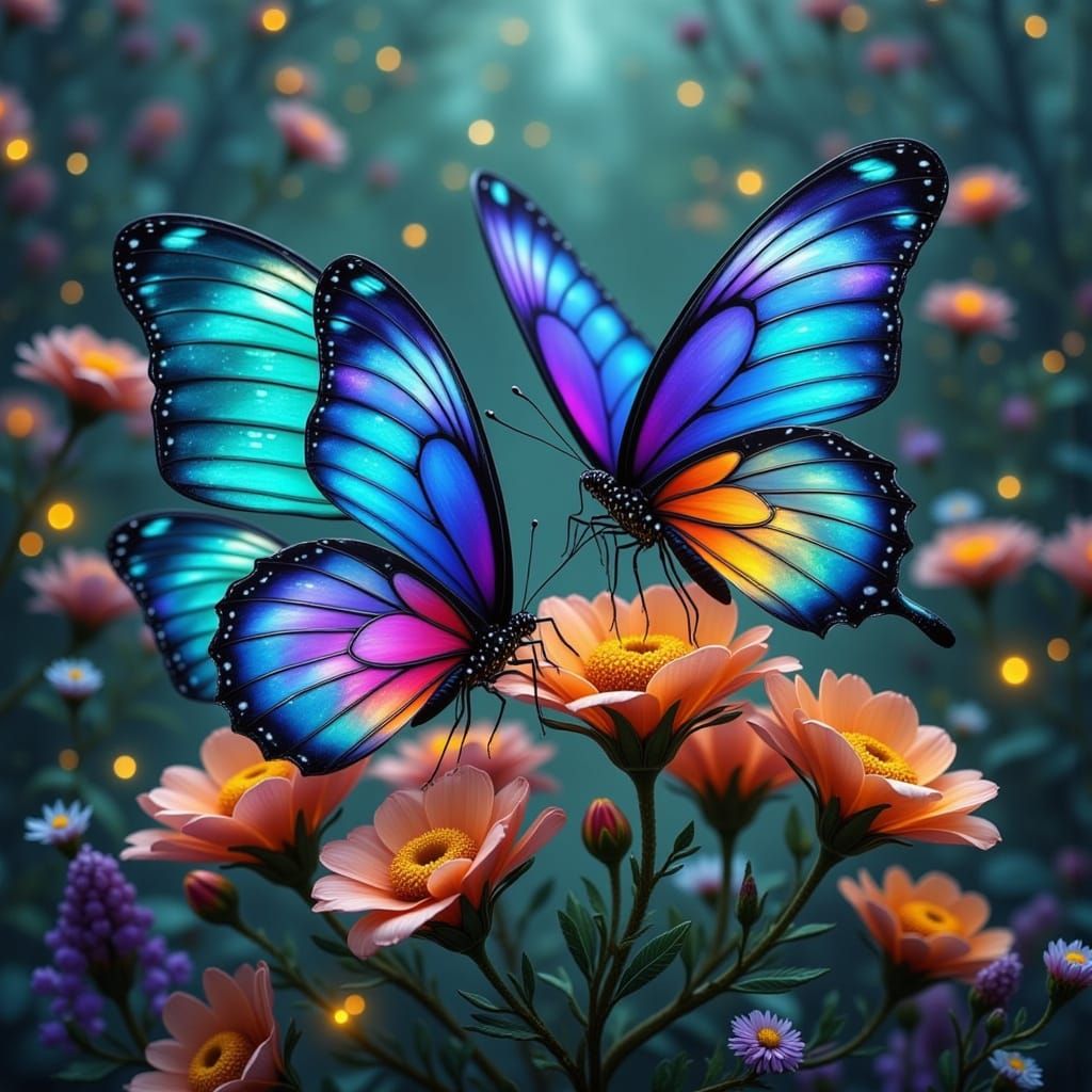 Iridescent Butterflies on Bright Flowers in Luminous Fantasy...