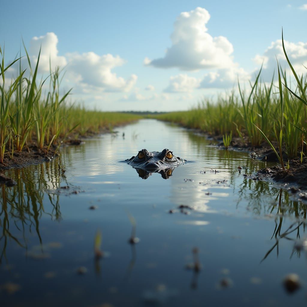 A serene Everglades stretch of marshland with reflections of...