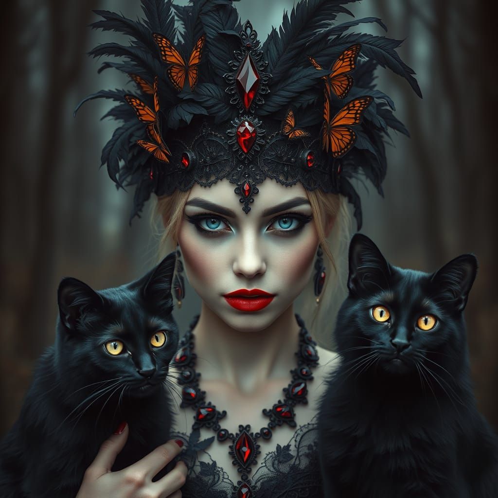 Enchanted Forest Portrait of Woman with Cats