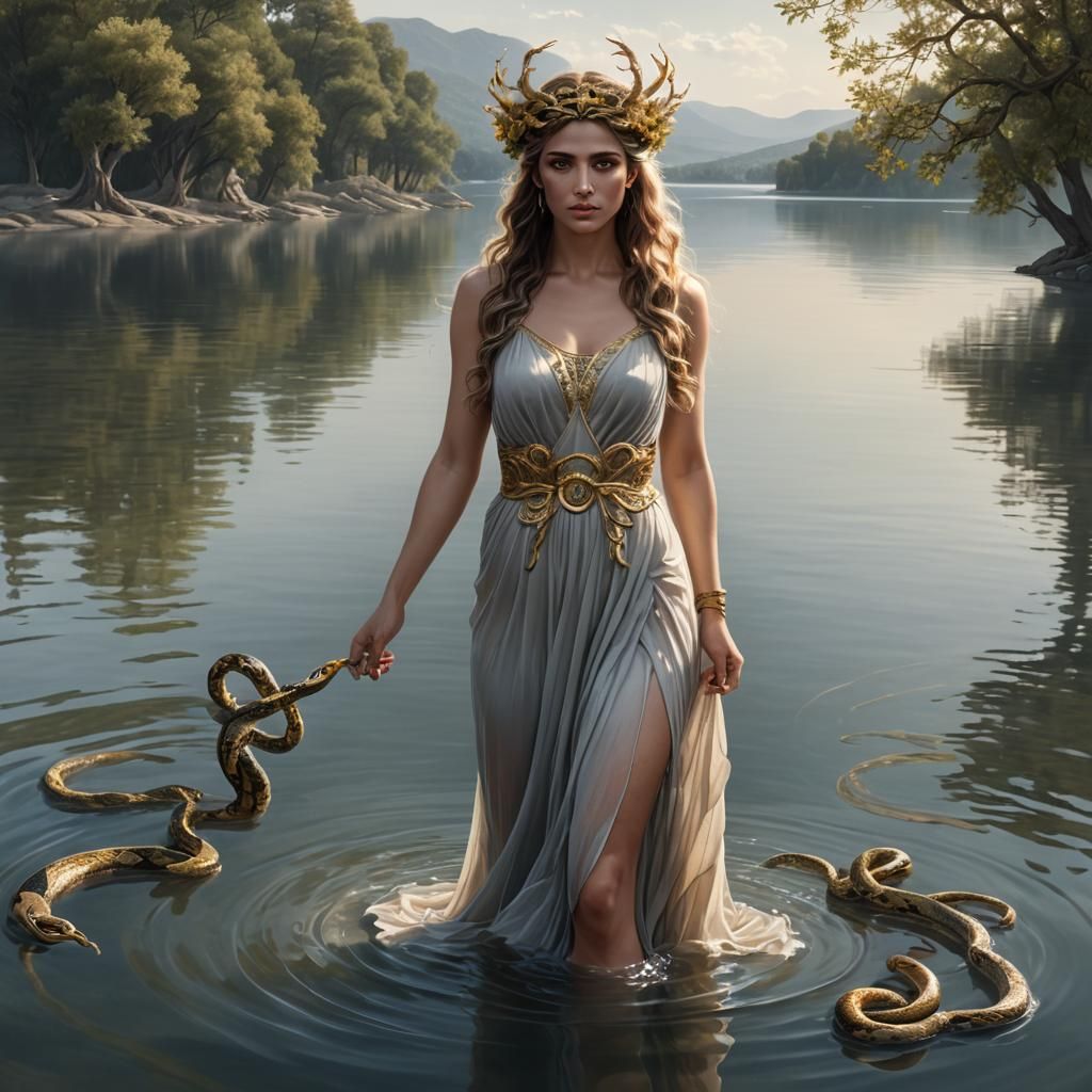 Medusa Inspired Woman in Lake, Detailed Matte Painting