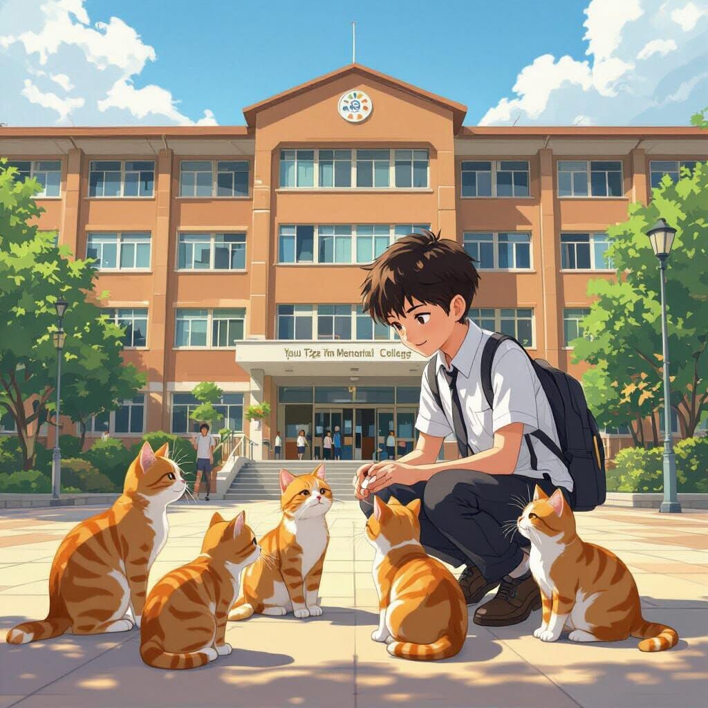 Student Plays With Ginger Cats in Hong Kong Anime Style