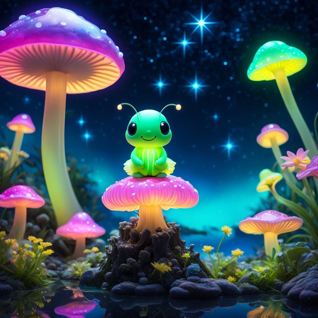 Neon Glow Worm on Bioluminescent Mushroom
