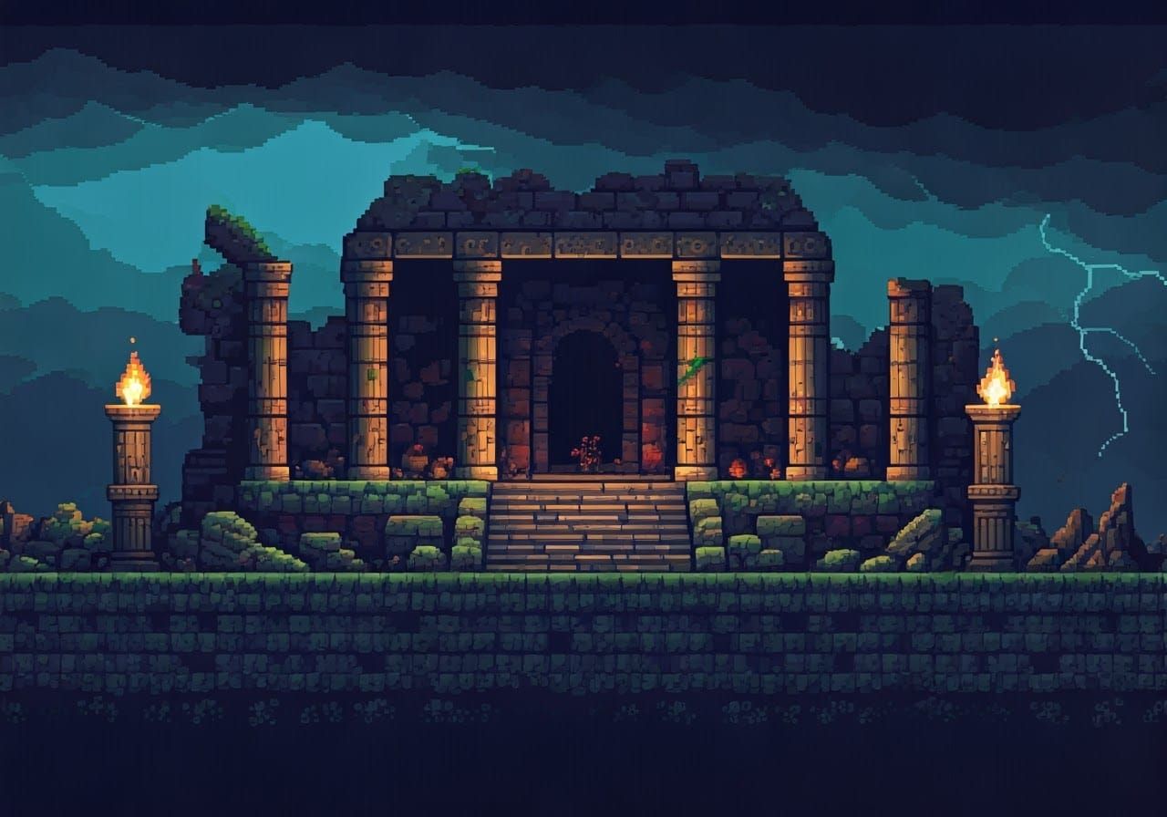 Mysterious Ruined Temple in 16-bit Pixel Art