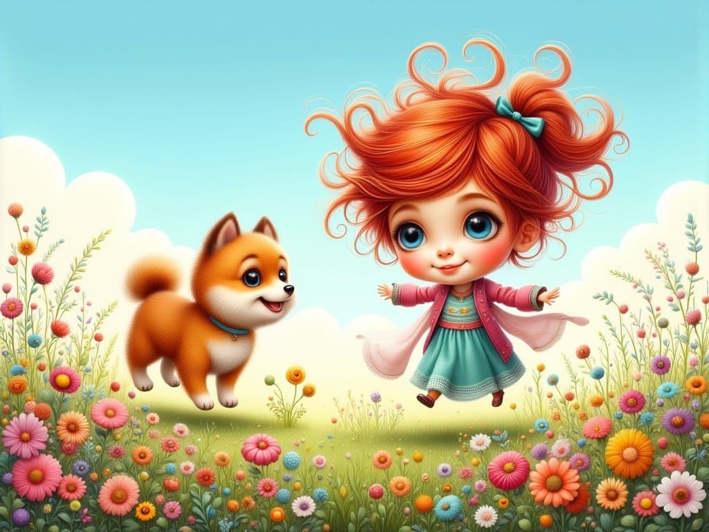 Cute Girl and Dog Play in Whimsical Meadow