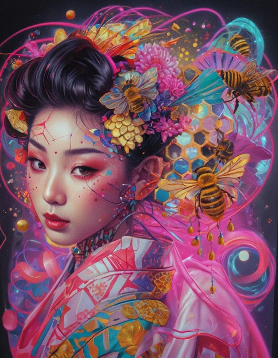 Cyberpunk Geisha Portrait with Neon and Geometric Details