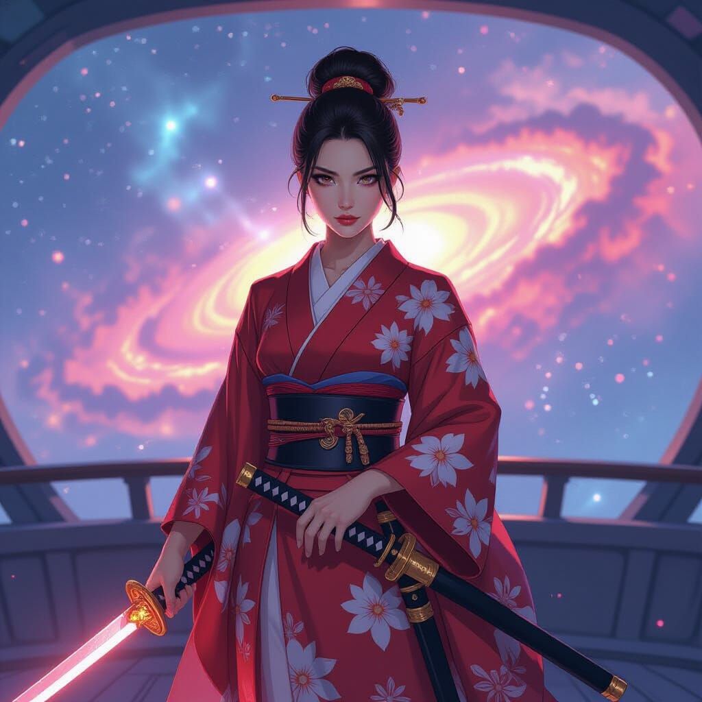 Female Admiral with Glowing Katana on Starship Bridge