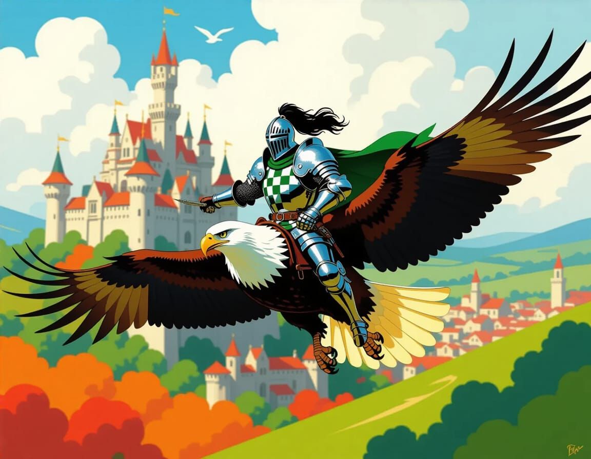 Knight on Eagle Soaring Over Fantasy City