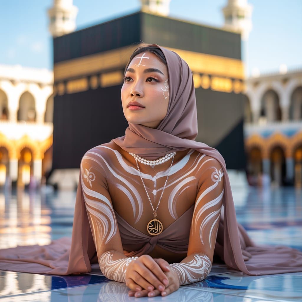 Ethereal Portrait: Asian Woman in Body Paint at Kaaba