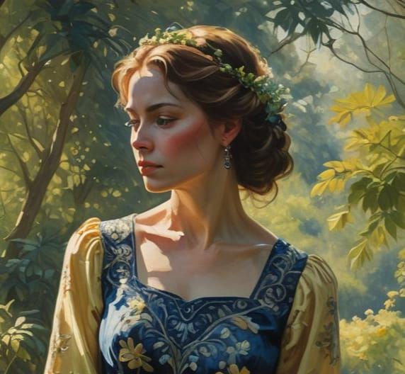 Woman in Deep Blue Contemplates Pale Yellow Form