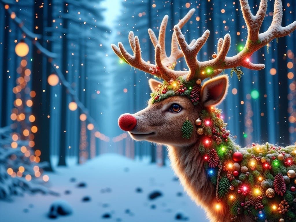 Festive Reindeer Portrait in Winter Wonderland