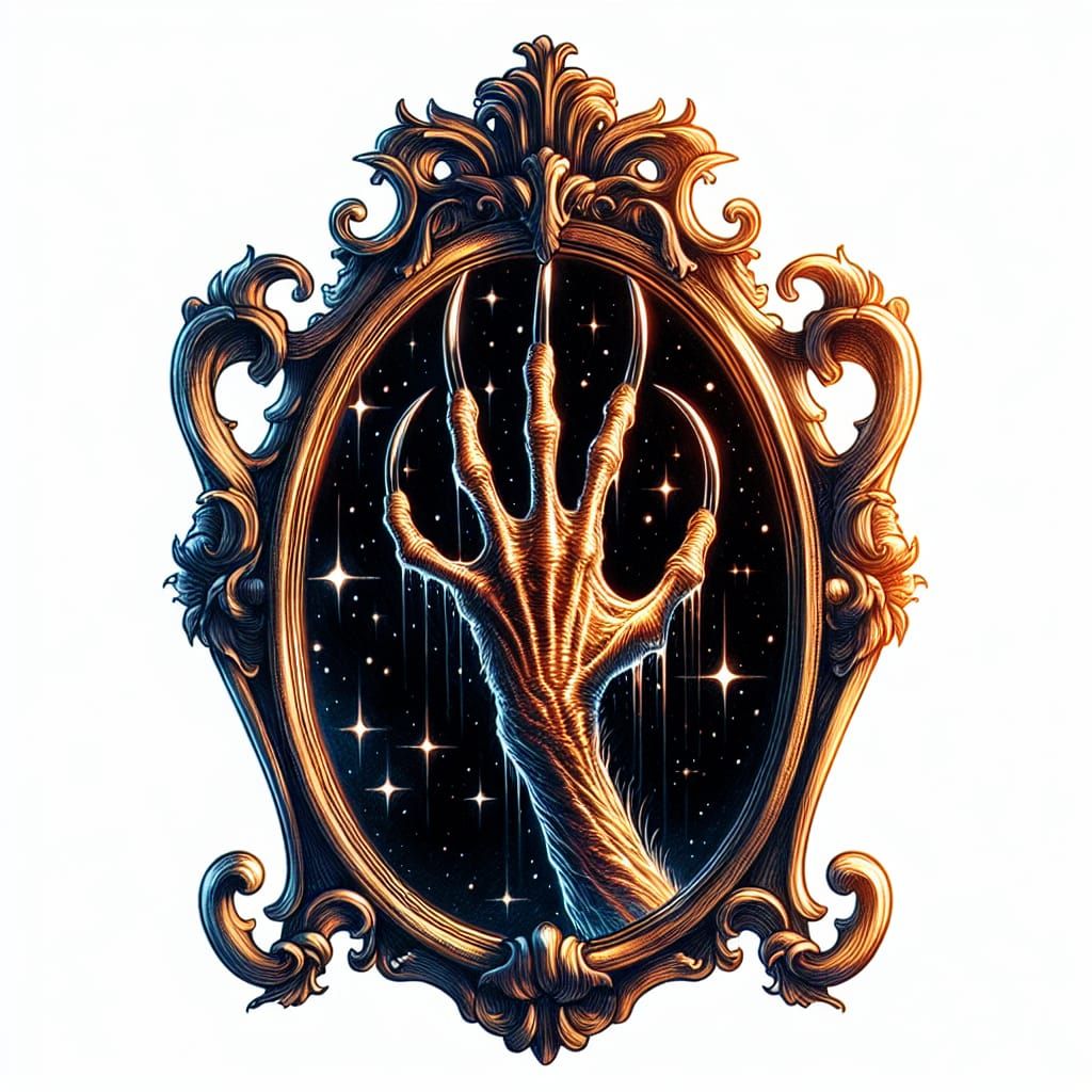 a surreal portrait of a mirror with a scrolled gold frame, a...