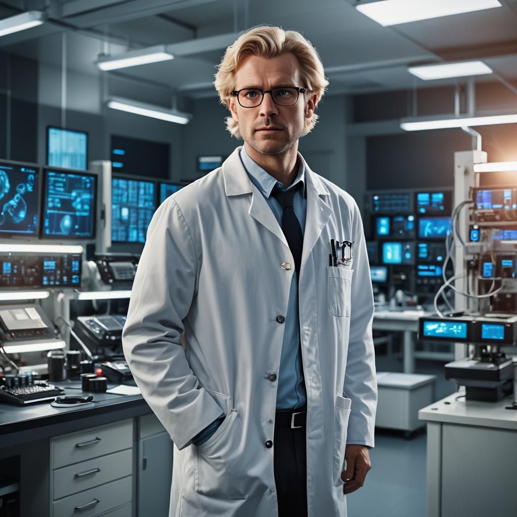 Scientist in Modern Lab, Photorealistic Sci-Fi