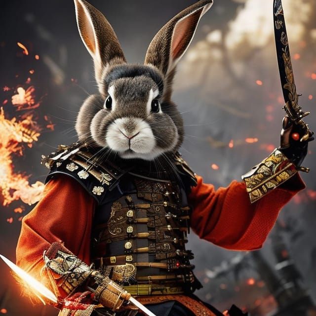 Samurai Rabbit in Fantasy Battlefield, Detailed 8K Art