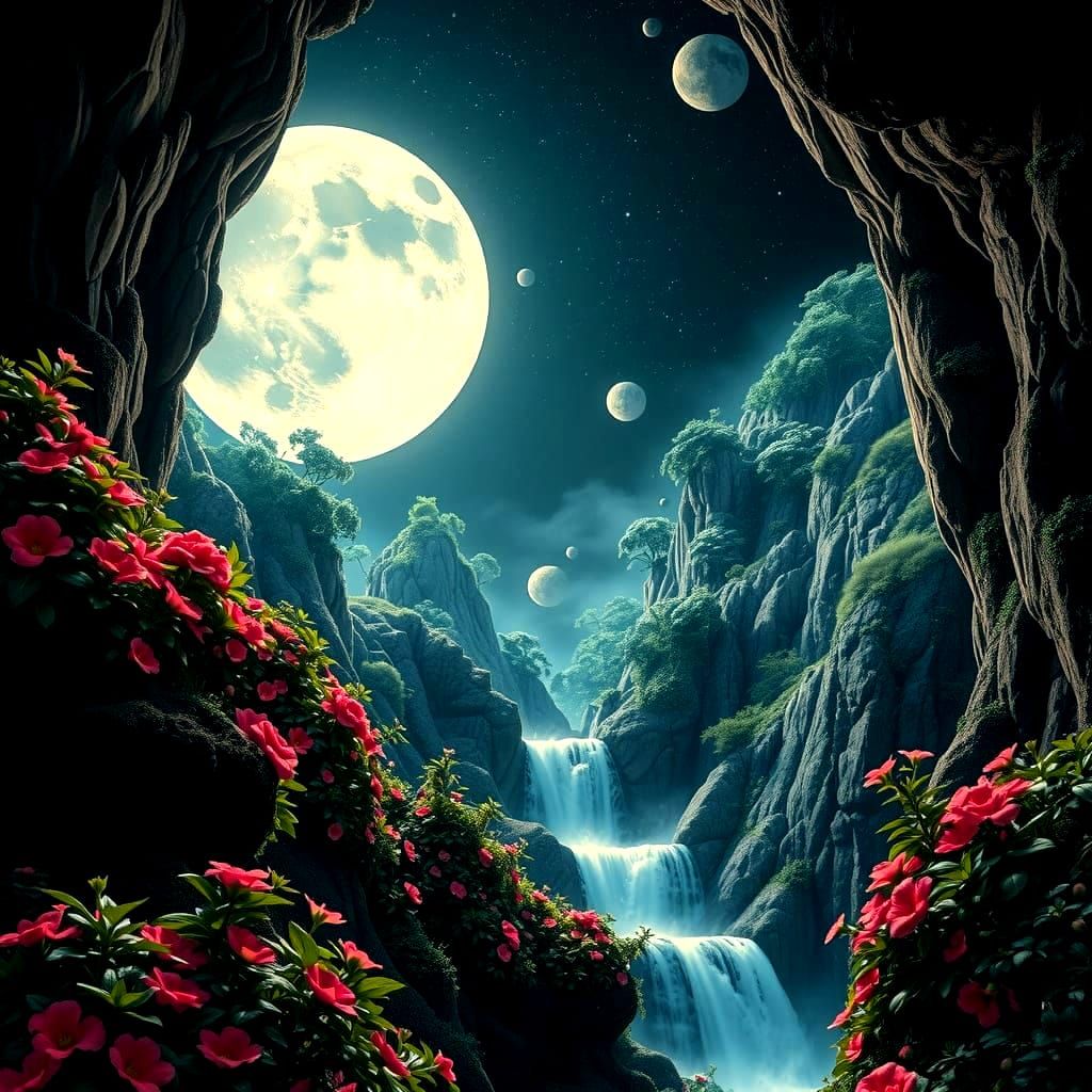 Surreal Moonscape with Lush Vegetation, Digital Art