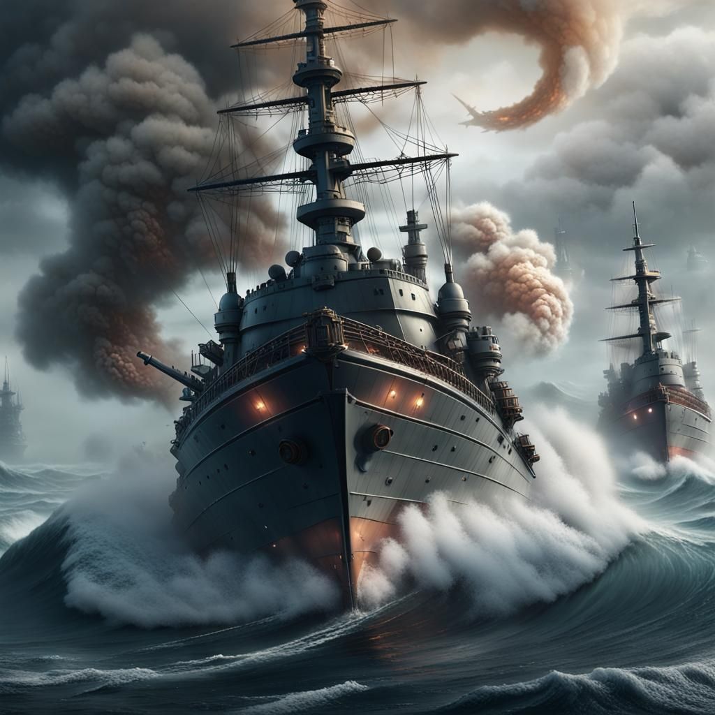 Futuristic Warship Battle in Stormy Seas