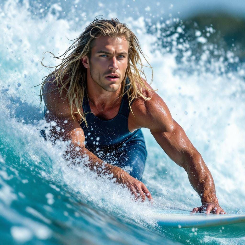 Close-up of Handsome Surfer Riding Huge Wave