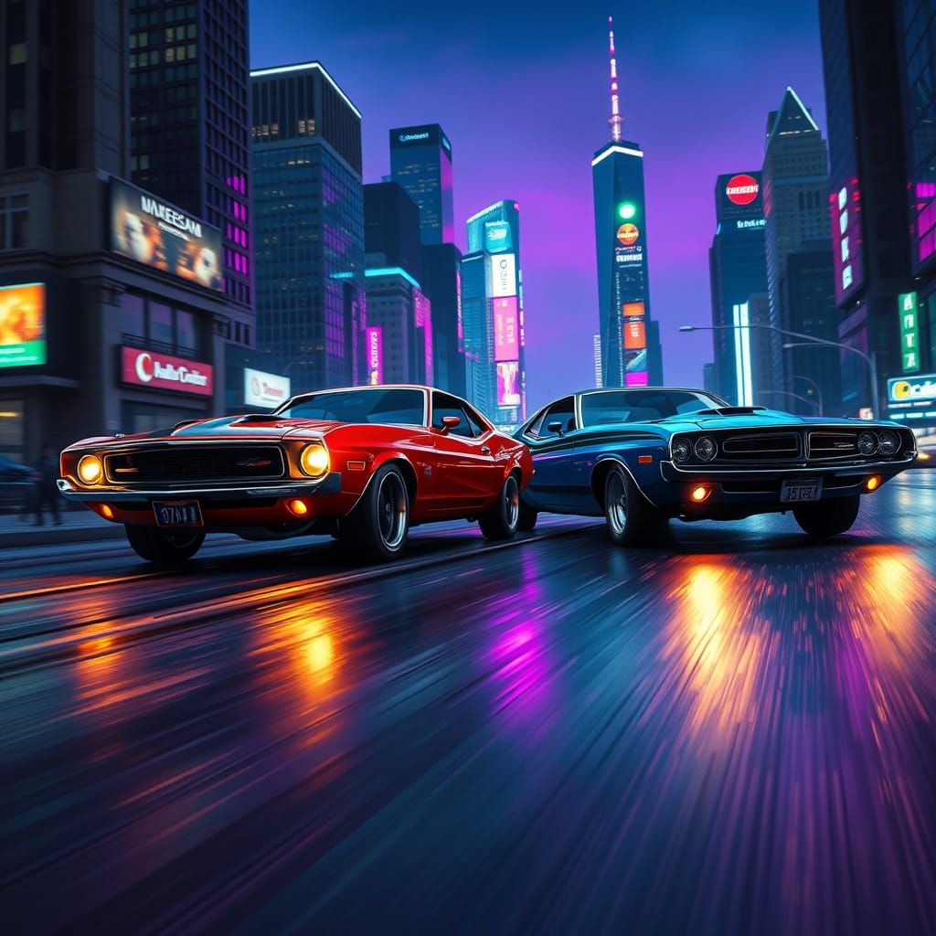 Vintage Muscle Cars Speed Down City Streets at Night
