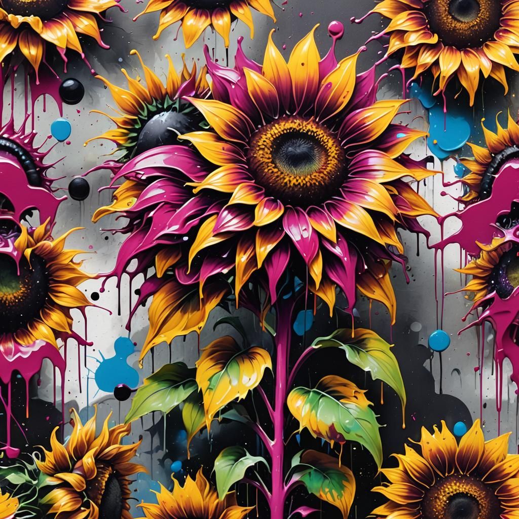 Magenta Sunflower in Graffiti Splash Art Style