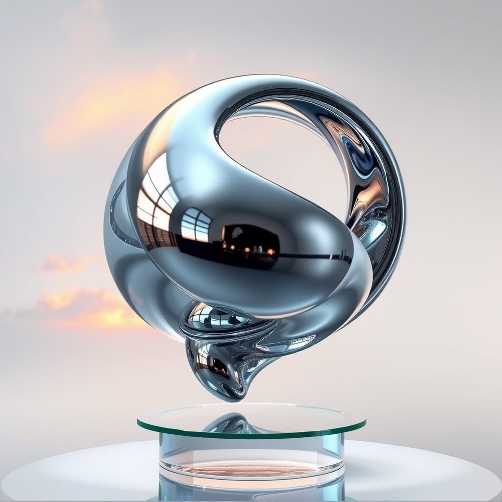 Futuristic Mirrored Sculpture Reflecting a Surreal Landscape