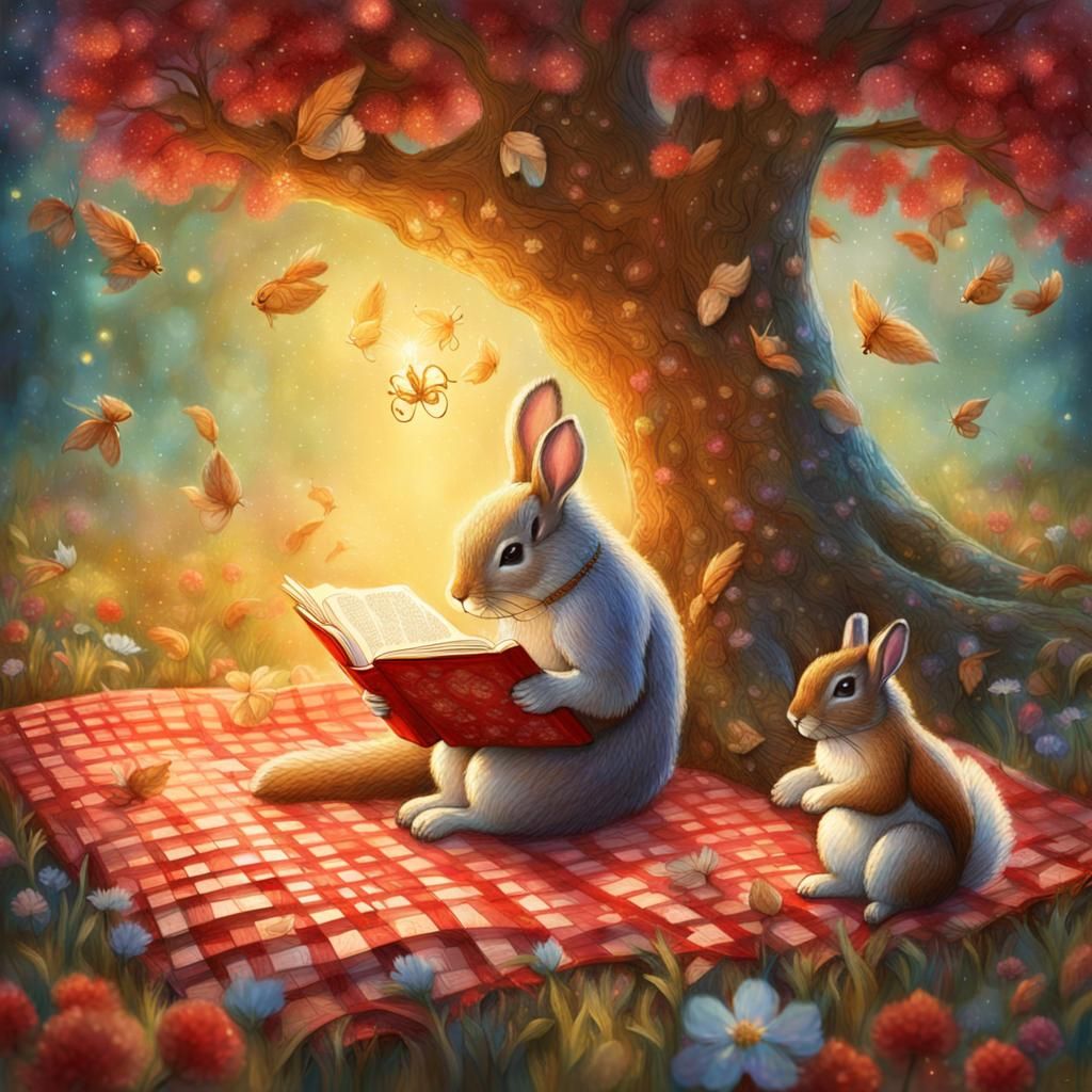 Whimsical Astral Picnic Scene with Bunny and Squirrel