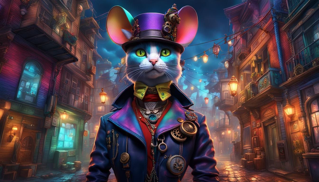 Steampunk Cat-Human Hybrid in Detailed Matte Painting