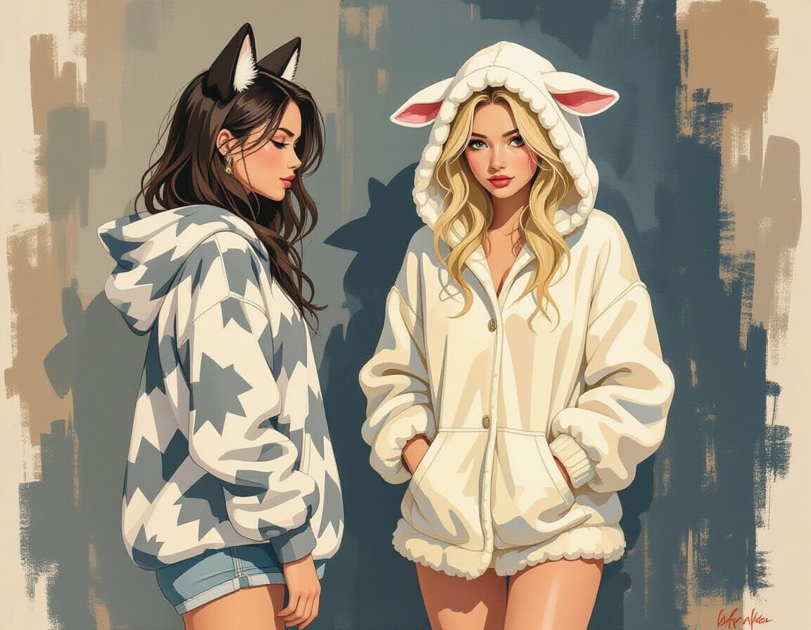 Whimsical Abstract Art: Girls in Funny Animal Costumes