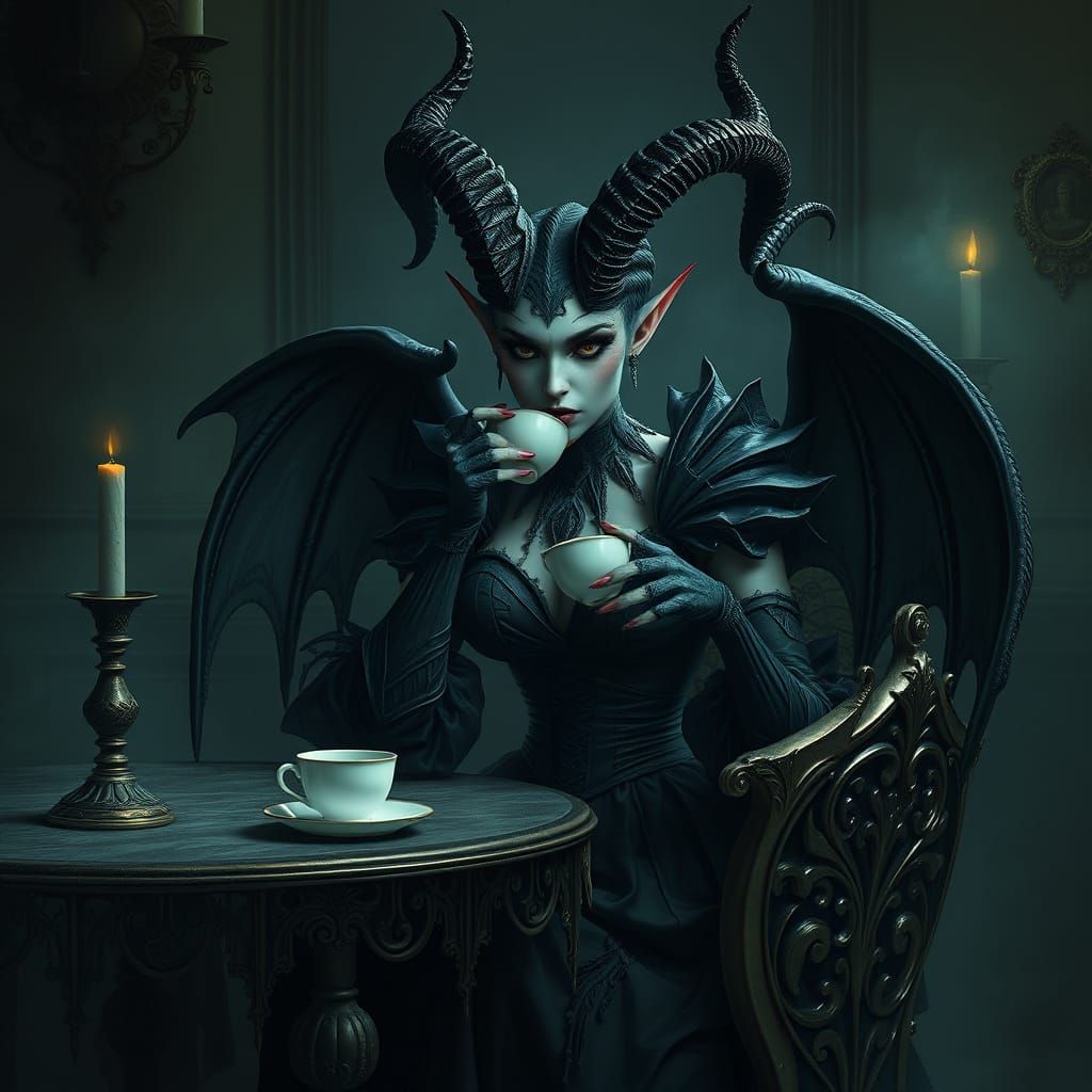 Victorian Demon Sipping Tea in Dark Shadows