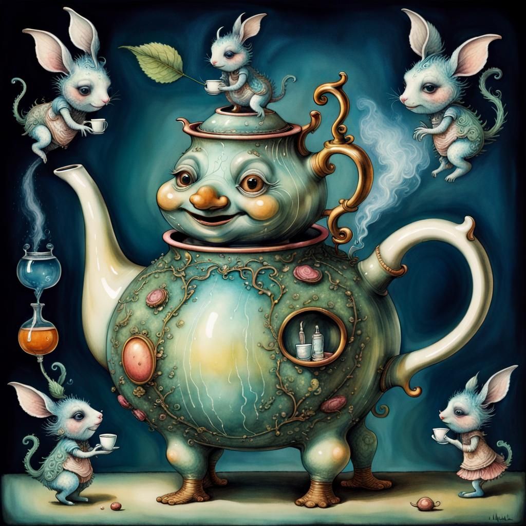 Anthropomorphic Teapot in Psychedelic Alcohol-Ink Style