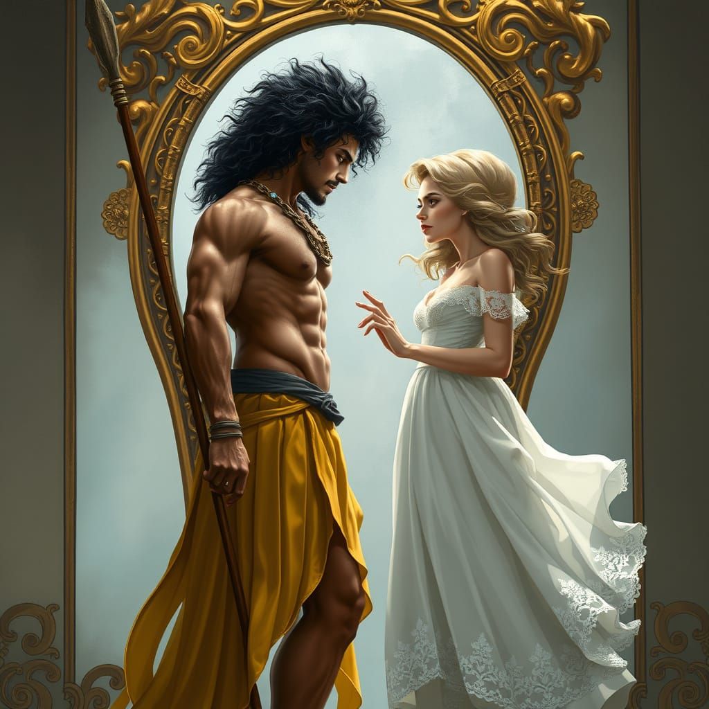 Fiery Warrior in Golden Skirt, Standing at Threshold of Anci...