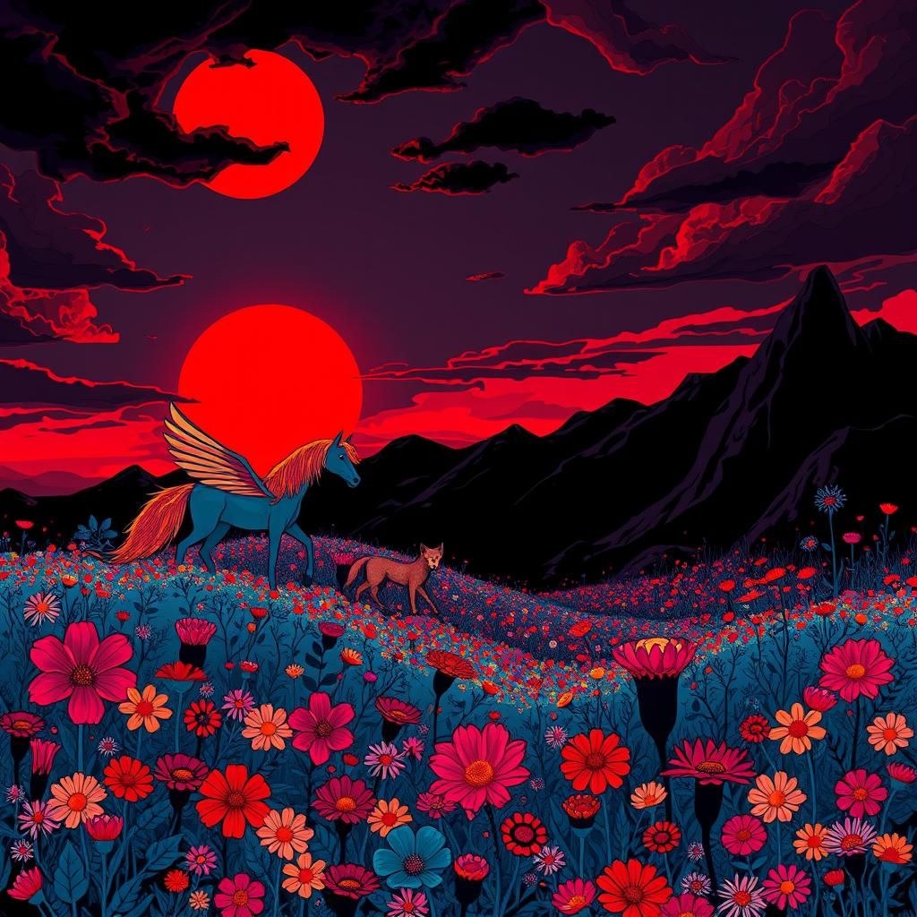 Vibrant Landscape with Crimson Sun, Bold Outlines