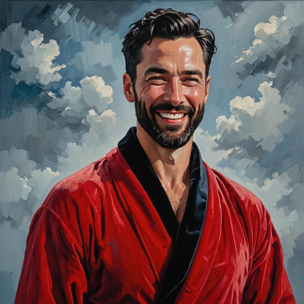 Joyous Man in Red Velvet Robe: Impressionist Oil Painting